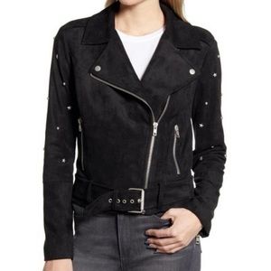BB Dakota by Steve Madden Love Walk Black Faux Suede Studded Sleeves Moto Jacket
